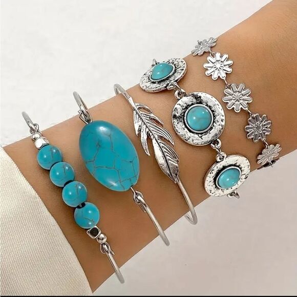 3 for $26 - Multi Layer Turquoise Silver Bracelet Set - Picture 1 of 5